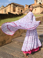 Janasya Women's White Georgette Floral Print Kurta With Flared Palazzo And Dupatta | Grocsy