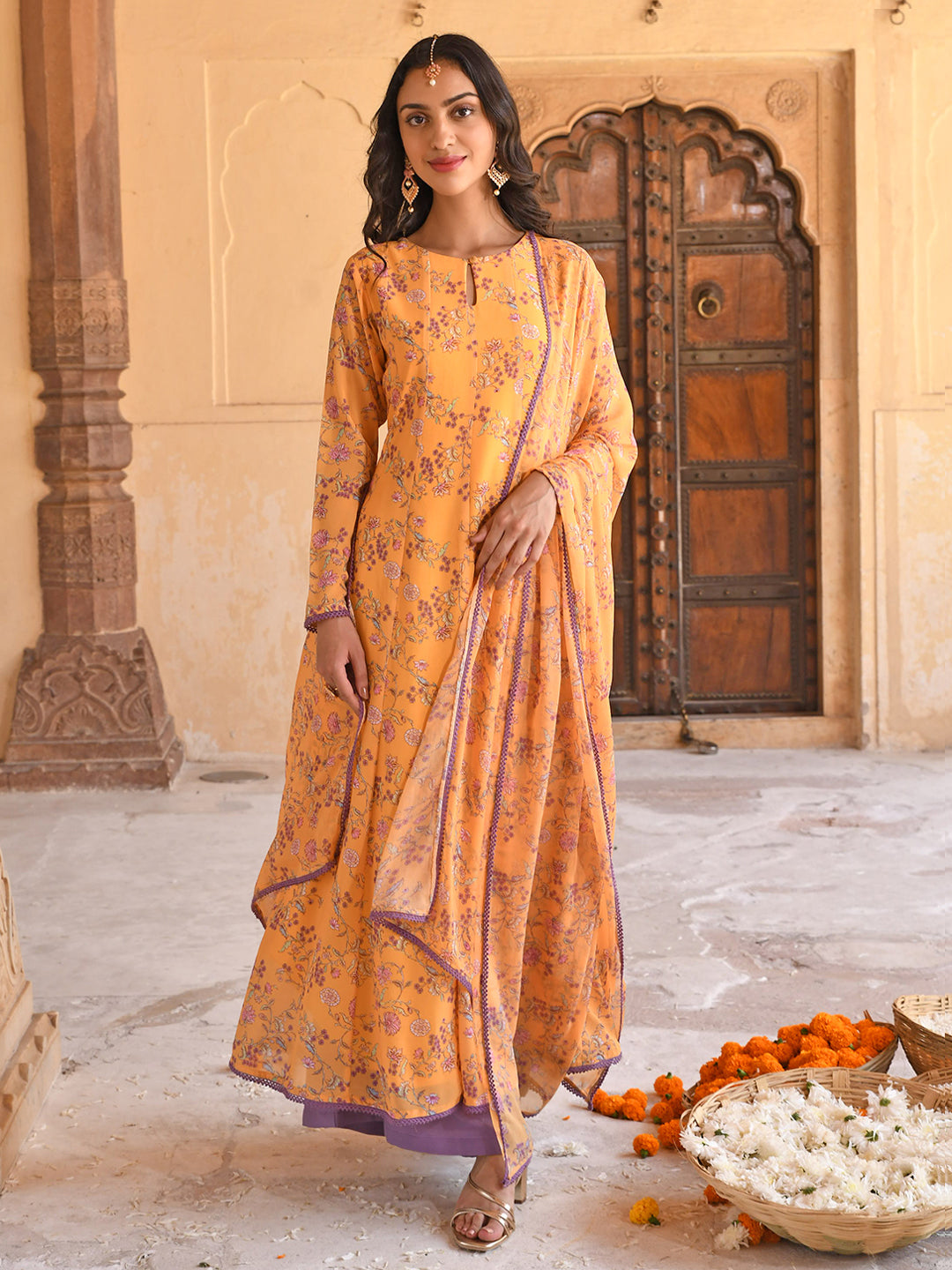 Janasya Women's Yellow Georgette Floral Print Kurta With Flared Palazzo And Dupatta | Grocsy