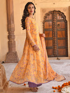 Janasya Women's Yellow Georgette Floral Print Kurta With Flared Palazzo And Dupatta | Grocsy