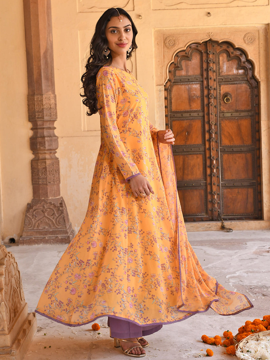 Janasya Women's Yellow Georgette Floral Print Kurta With Flared Palazzo And Dupatta | Grocsy