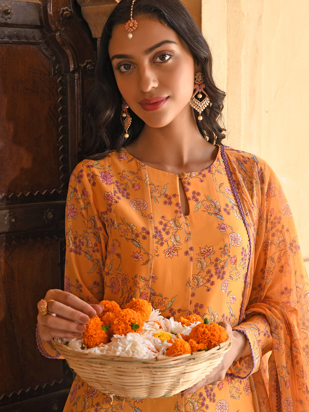 Janasya Women's Yellow Georgette Floral Print Kurta With Flared Palazzo And Dupatta | Grocsy