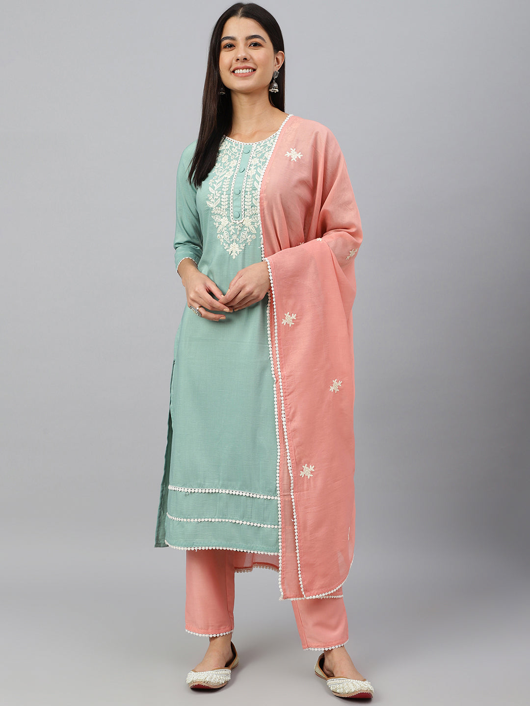 Janasya Women's Green Poly Silk Embroidered Kurta With Pant And Dupatta | Grocsy