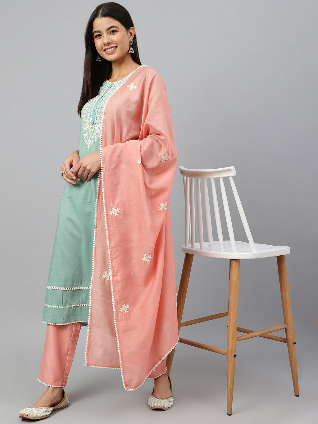 Janasya Women's Green Poly Silk Embroidered Kurta With Pant And Dupatta | Grocsy