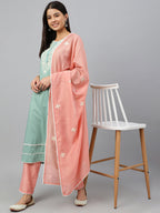 Janasya Women's Green Poly Silk Embroidered Kurta With Pant And Dupatta | Grocsy