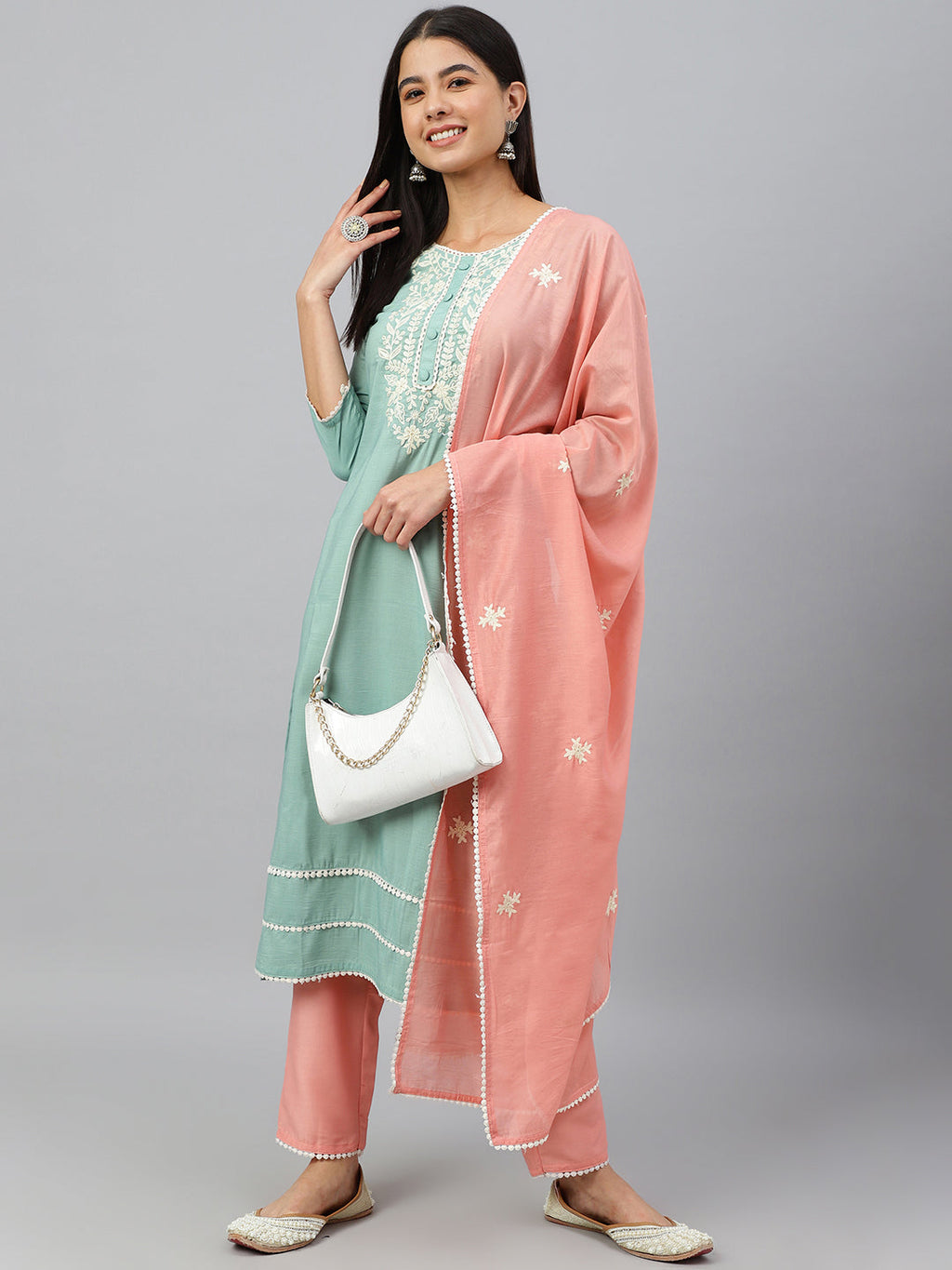 Janasya Women's Green Poly Silk Embroidered Kurta With Pant And Dupatta | Grocsy