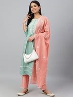 Janasya Women's Green Poly Silk Embroidered Kurta With Pant And Dupatta | Grocsy
