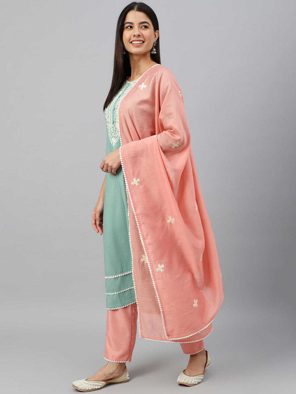 Janasya Women's Green Poly Silk Embroidered Kurta With Pant And Dupatta | Grocsy