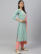 Janasya Women's Green Poly Silk Embroidered Kurta With Pant And Dupatta | Grocsy