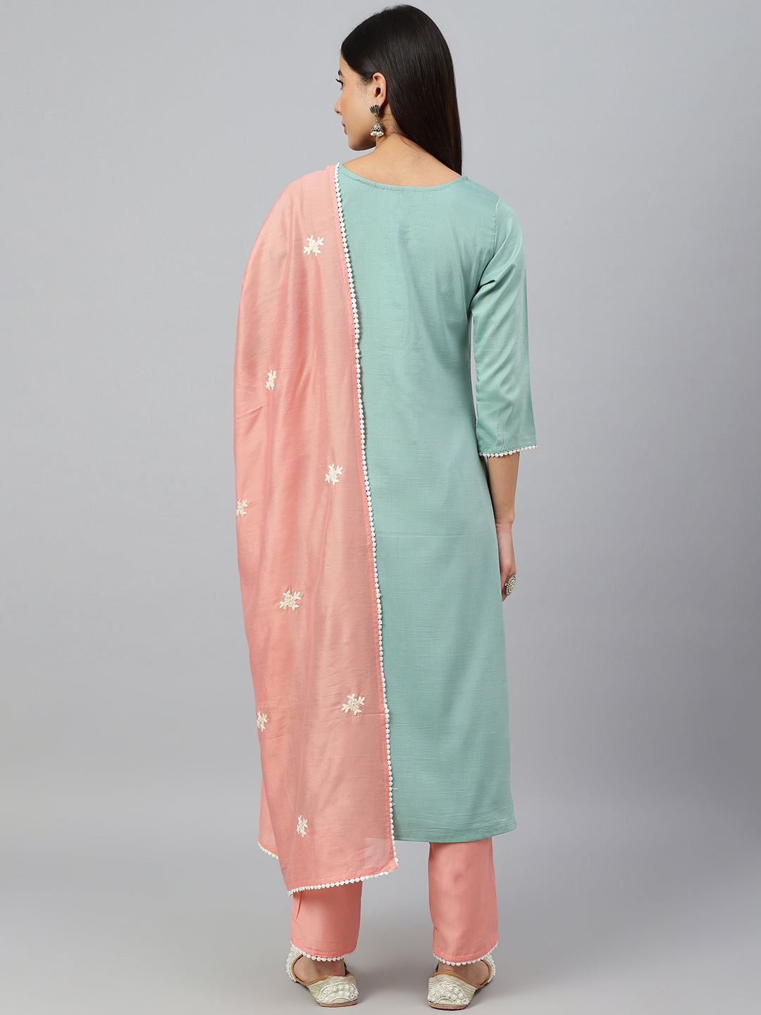 Janasya Women's Green Poly Silk Embroidered Kurta With Pant And Dupatta | Grocsy