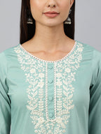 Janasya Women's Green Poly Silk Embroidered Kurta With Pant And Dupatta | Grocsy