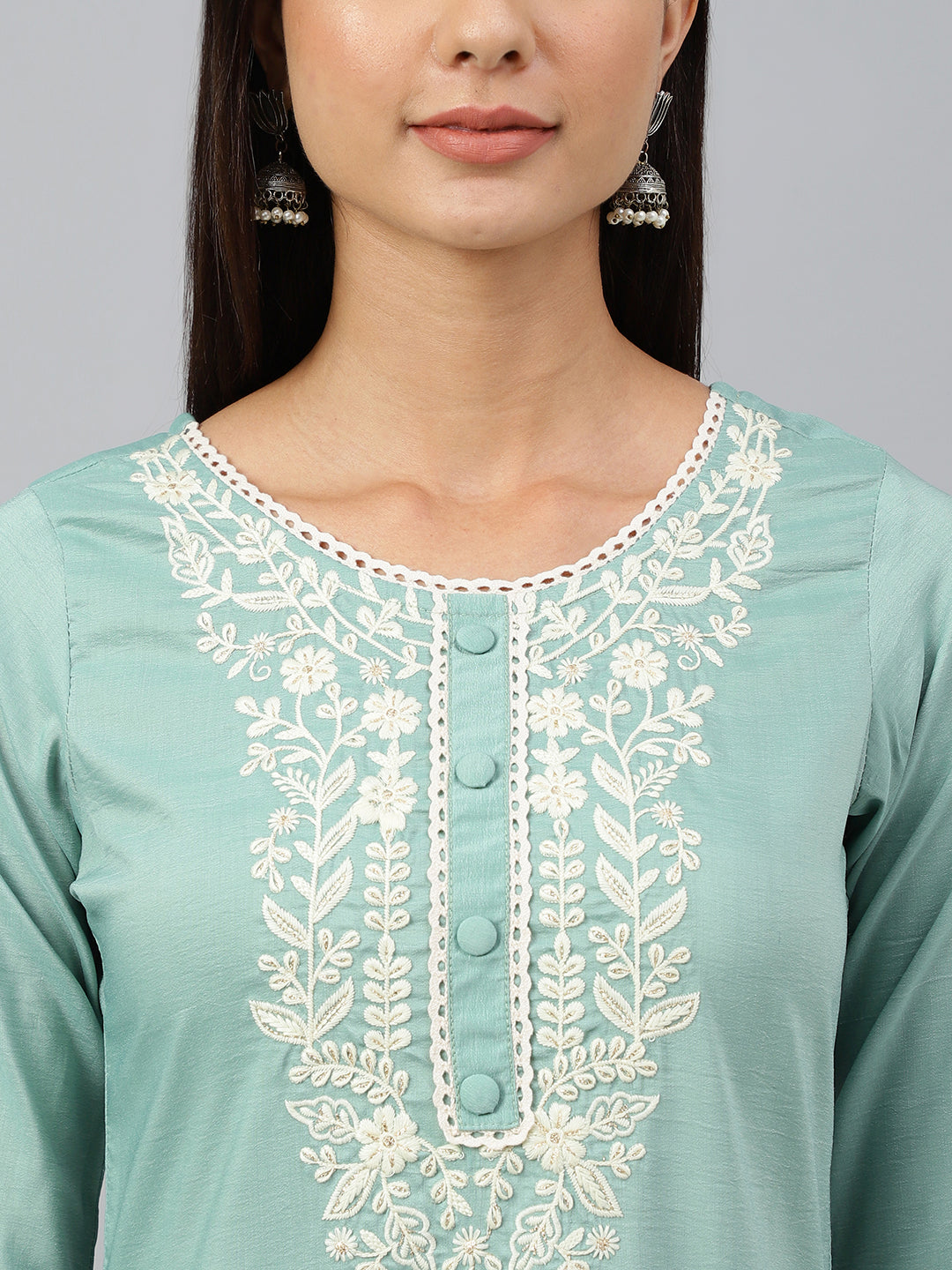 Janasya Women's Green Poly Silk Embroidered Kurta With Pant And Dupatta | Grocsy