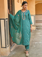 Janasya Women's Green Poly Silk Floral Embroidered Kurta With Pant And Dupatta | Grocsy