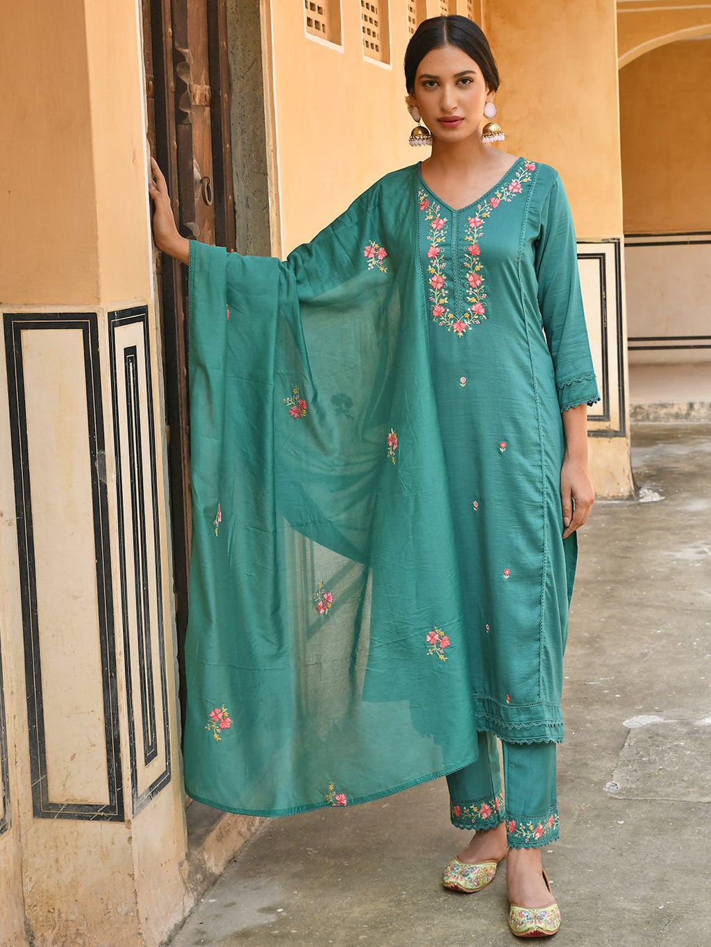 Janasya Women's Green Poly Silk Floral Embroidered Kurta With Pant And Dupatta | Grocsy