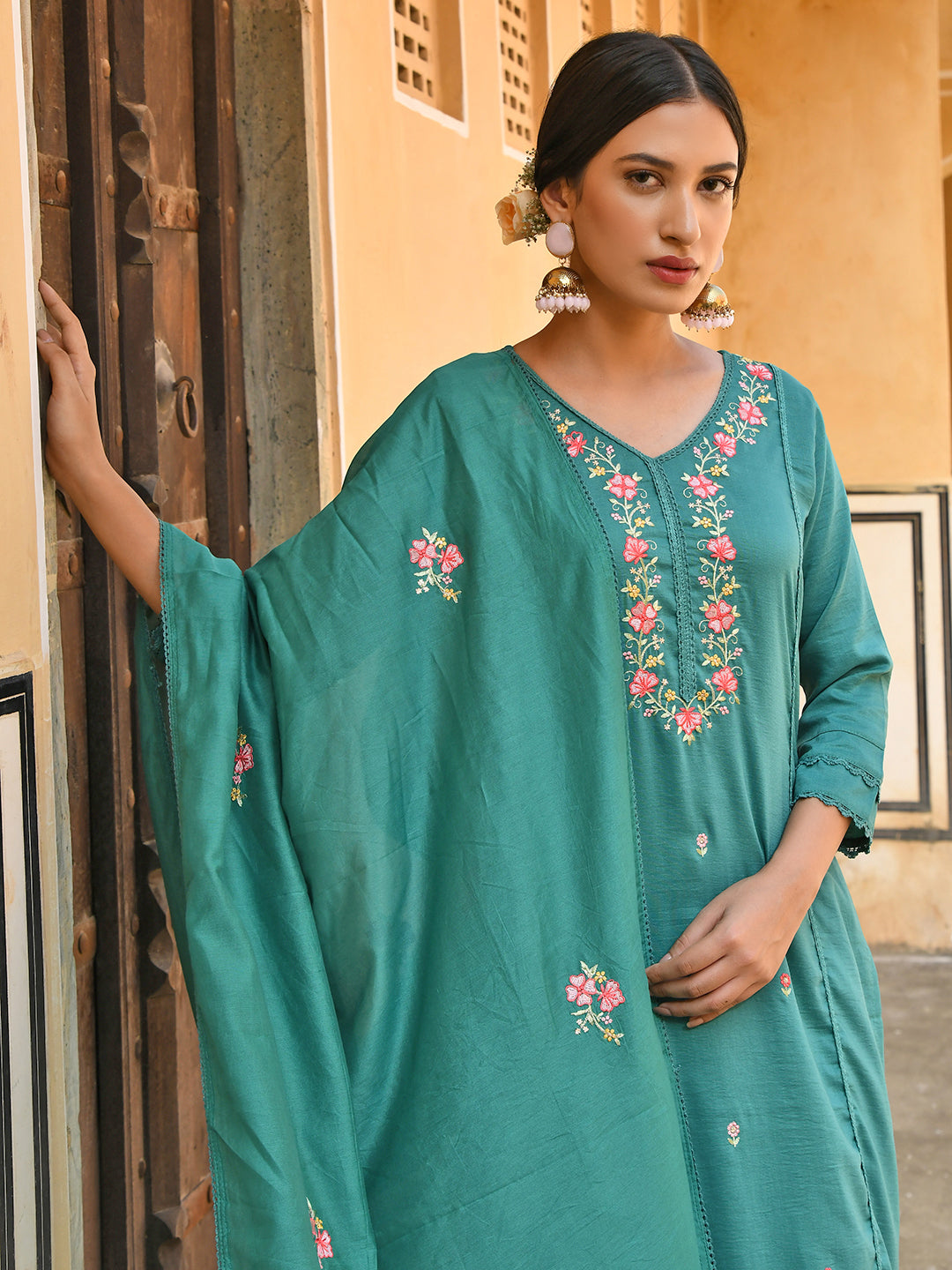 Janasya Women's Green Poly Silk Floral Embroidered Kurta With Pant And Dupatta | Grocsy
