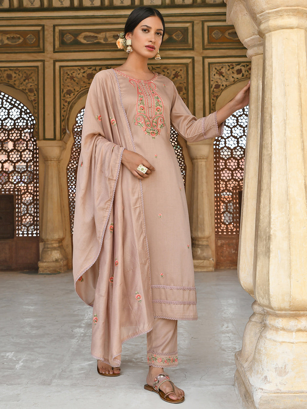 Janasya Women's Rose Gold Poly Silk Floral Embroidery Kurta With Pant And Dupatta | Grocsy