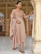 Janasya Women's Rose Gold Poly Silk Floral Embroidery Kurta With Pant And Dupatta | Grocsy
