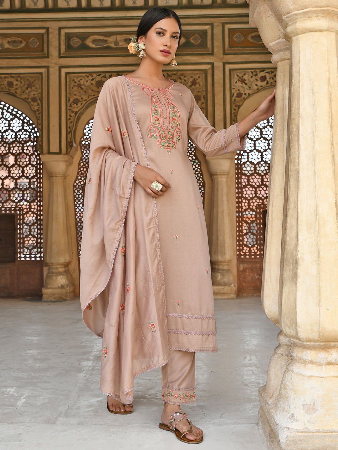 Janasya Women's Rose Gold Poly Silk Floral Embroidery Kurta With Pant And Dupatta | Grocsy