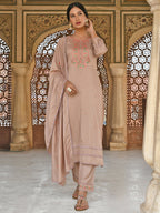 Janasya Women's Rose Gold Poly Silk Floral Embroidery Kurta With Pant And Dupatta | Grocsy