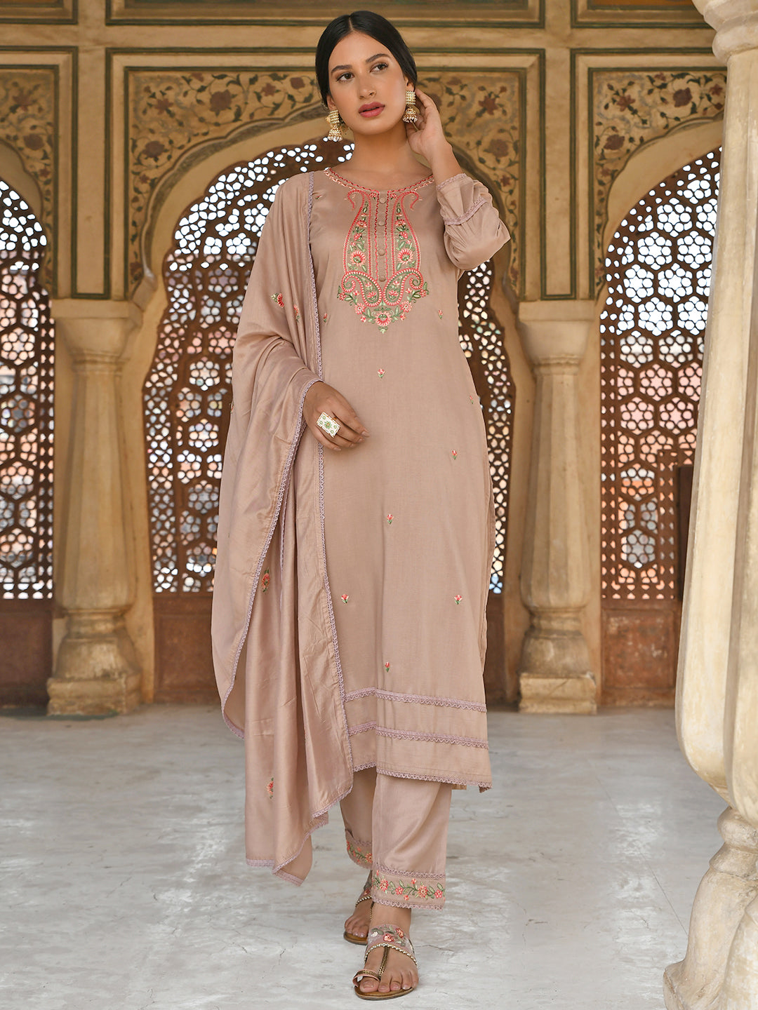 Janasya Women's Rose Gold Poly Silk Floral Embroidery Kurta With Pant And Dupatta | Grocsy