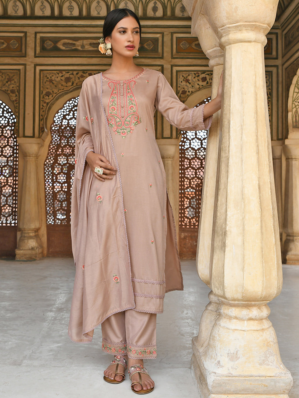 Janasya Women's Rose Gold Poly Silk Floral Embroidery Kurta With Pant And Dupatta | Grocsy