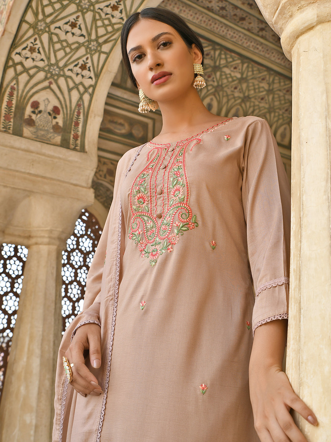 Janasya Women's Rose Gold Poly Silk Floral Embroidery Kurta With Pant And Dupatta | Grocsy