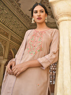 Janasya Women's Rose Gold Poly Silk Floral Embroidery Kurta With Pant And Dupatta | Grocsy