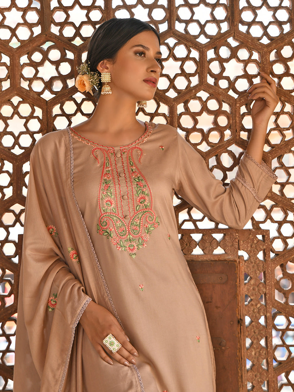 Janasya Women's Rose Gold Poly Silk Floral Embroidery Kurta With Pant And Dupatta | Grocsy