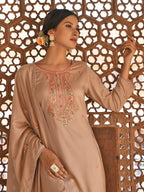 Janasya Women's Rose Gold Poly Silk Floral Embroidery Kurta With Pant And Dupatta | Grocsy