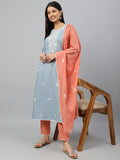 Janasya Women's Grey Poly Silk Floral Embroidery Kurta With Pant And Dupatta | Grocsy