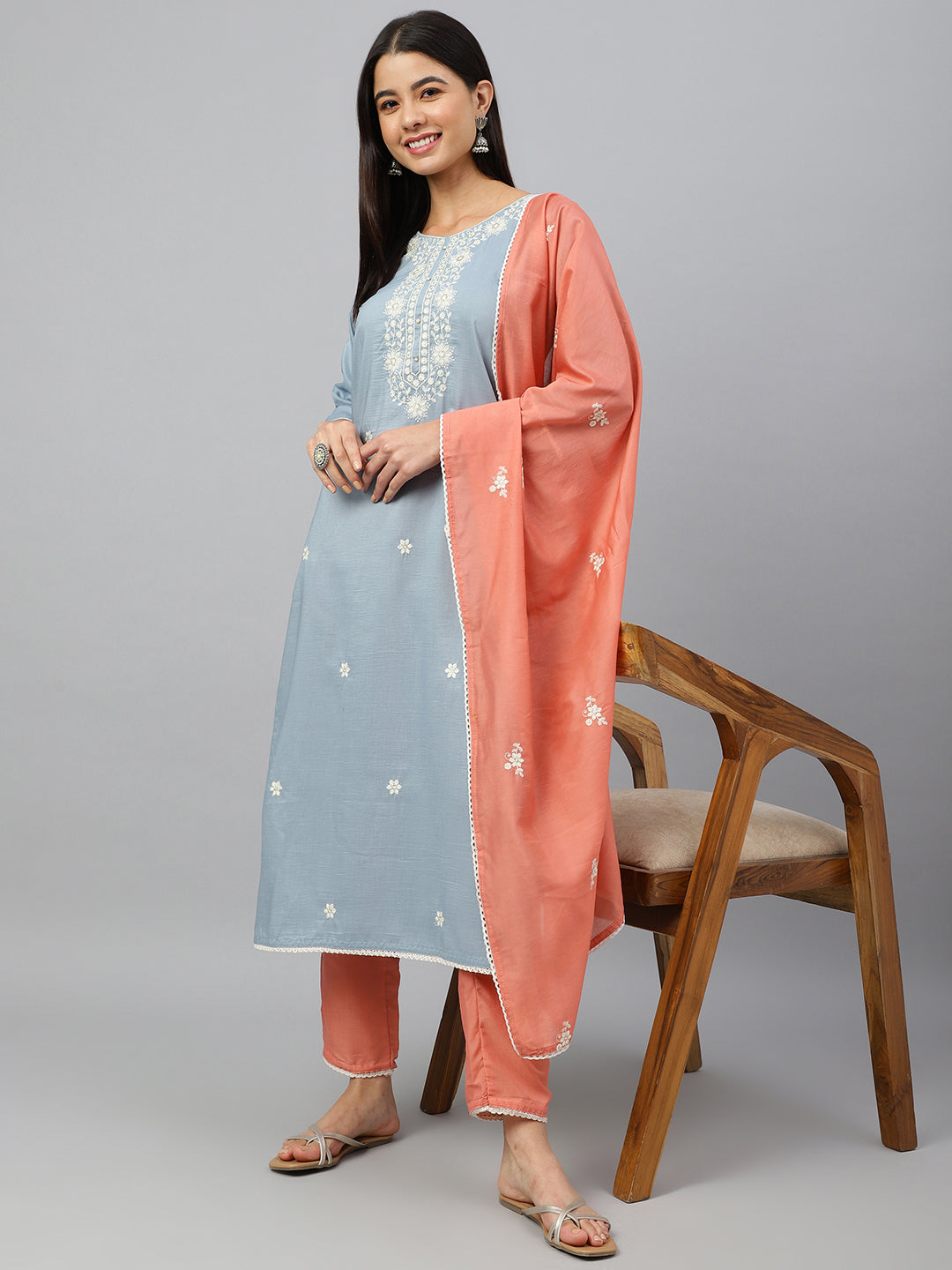 Janasya Women's Grey Poly Silk Floral Embroidery Kurta With Pant And Dupatta | Grocsy