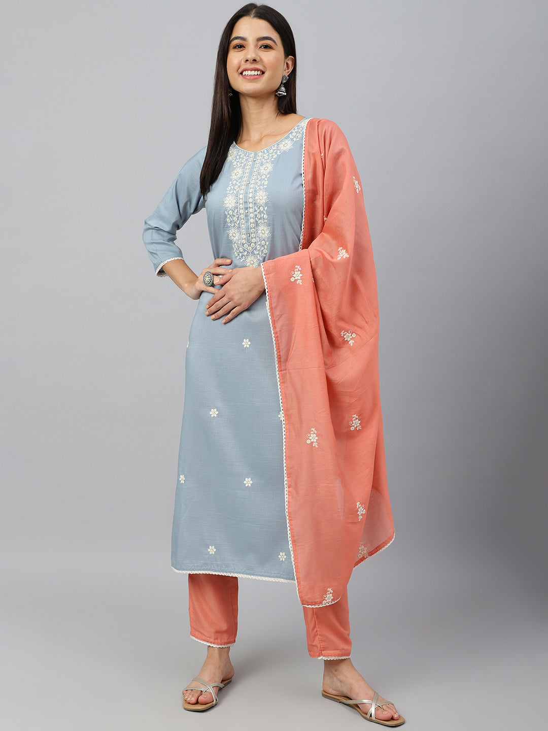 Janasya Women's Grey Poly Silk Floral Embroidery Kurta With Pant And Dupatta | Grocsy