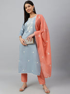 Janasya Women's Grey Poly Silk Floral Embroidery Kurta With Pant And Dupatta | Grocsy