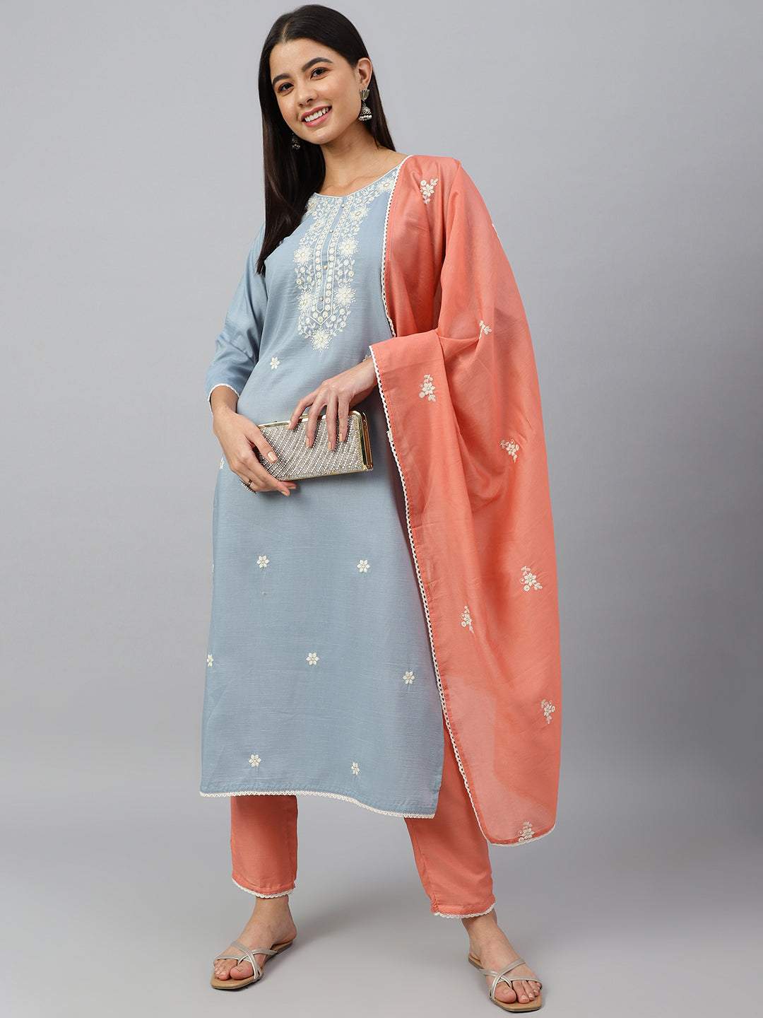 Janasya Women's Grey Poly Silk Floral Embroidery Kurta With Pant And Dupatta | Grocsy