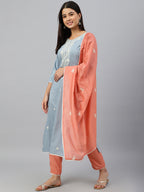 Janasya Women's Grey Poly Silk Floral Embroidery Kurta With Pant And Dupatta | Grocsy