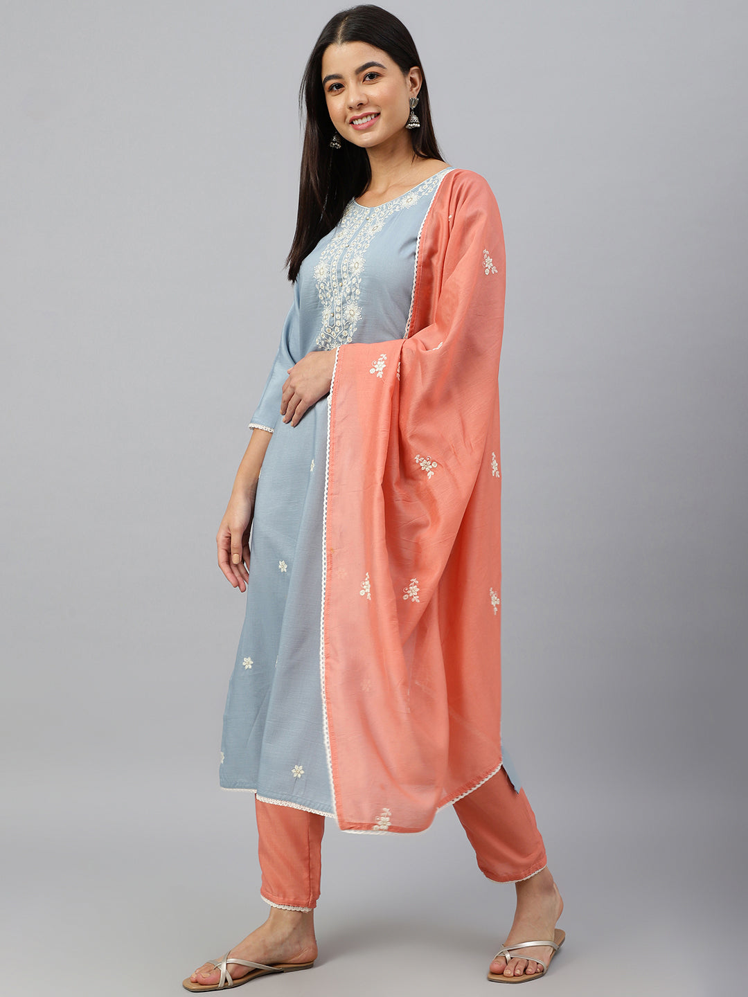 Janasya Women's Grey Poly Silk Floral Embroidery Kurta With Pant And Dupatta | Grocsy
