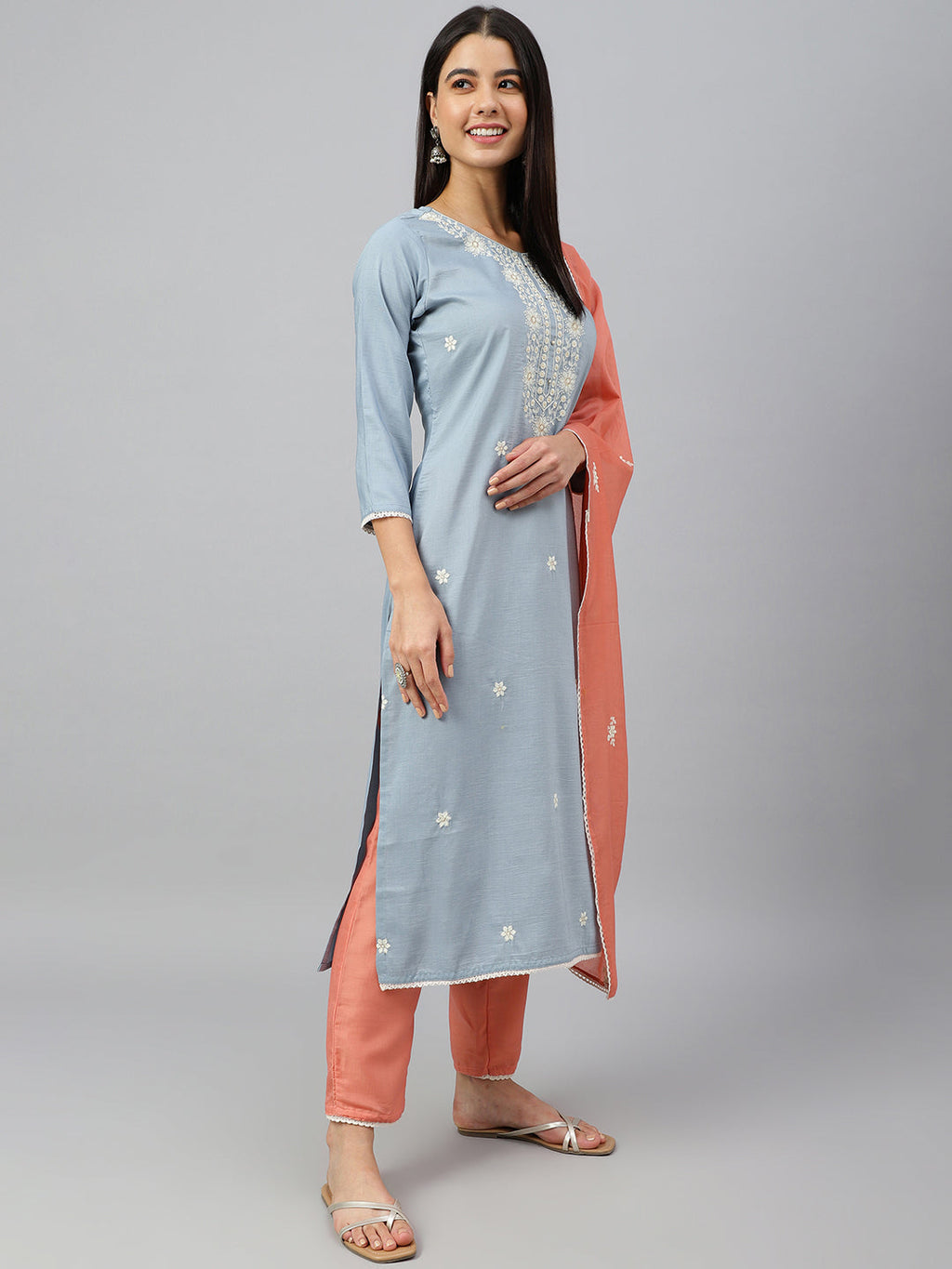 Janasya Women's Grey Poly Silk Floral Embroidery Kurta With Pant And Dupatta | Grocsy