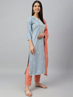 Janasya Women's Grey Poly Silk Floral Embroidery Kurta With Pant And Dupatta | Grocsy