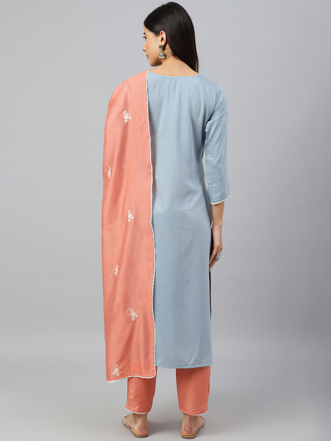 Janasya Women's Grey Poly Silk Floral Embroidery Kurta With Pant And Dupatta | Grocsy