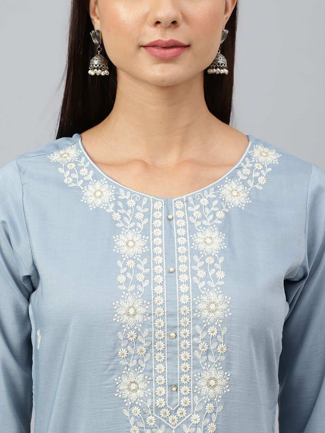Janasya Women's Grey Poly Silk Floral Embroidery Kurta With Pant And Dupatta | Grocsy