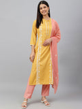 Janasya Women's Mustard Poly Silk Floral Embroidery Kurta With Pant And Dupatta | Grocsy