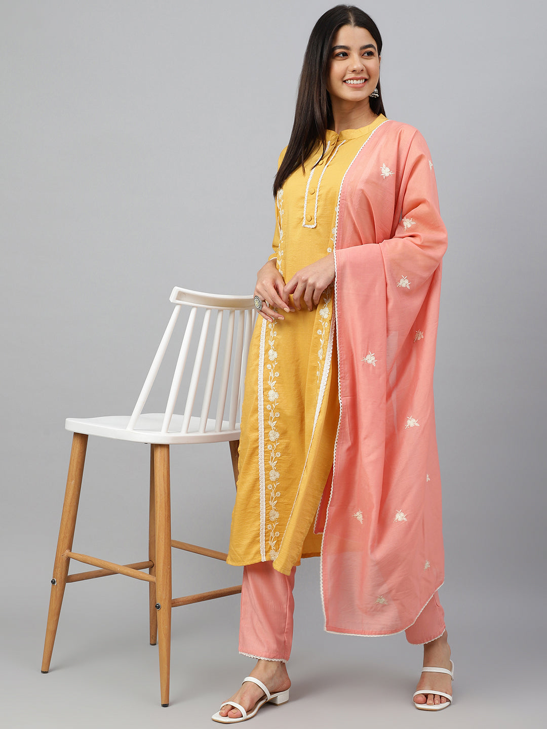 Janasya Women's Mustard Poly Silk Floral Embroidery Kurta With Pant And Dupatta | Grocsy