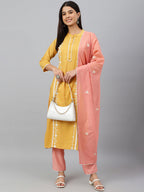 Janasya Women's Mustard Poly Silk Floral Embroidery Kurta With Pant And Dupatta | Grocsy