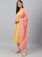 Janasya Women's Mustard Poly Silk Floral Embroidery Kurta With Pant And Dupatta | Grocsy