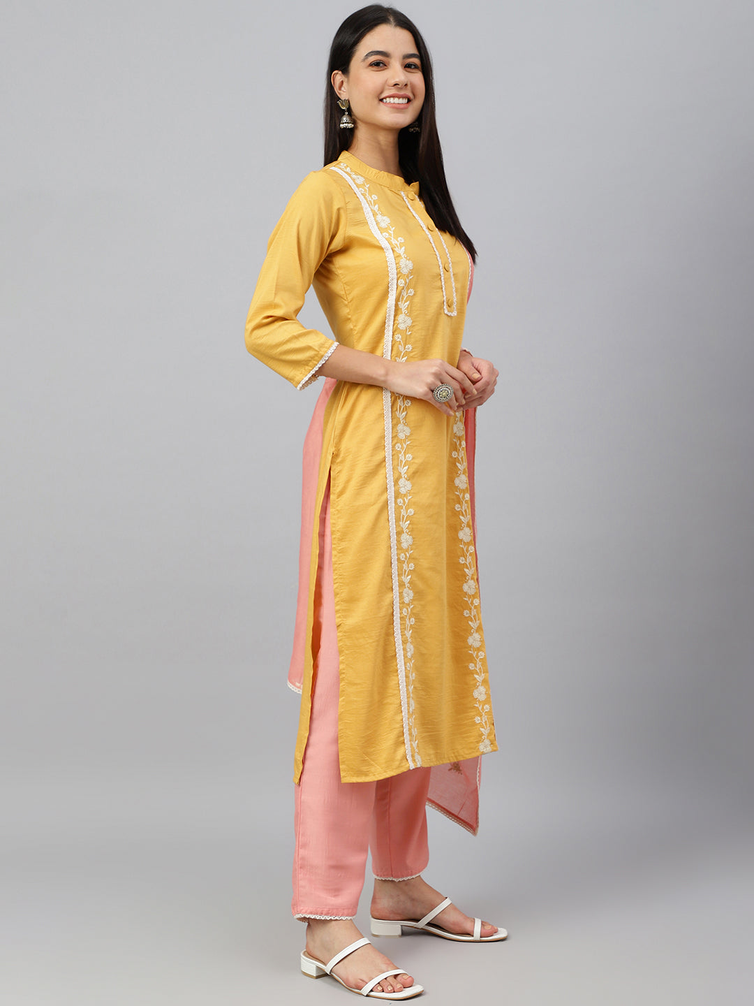 Janasya Women's Mustard Poly Silk Floral Embroidery Kurta With Pant And Dupatta | Grocsy