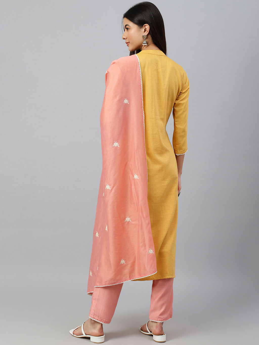 Janasya Women's Mustard Poly Silk Floral Embroidery Kurta With Pant And Dupatta | Grocsy