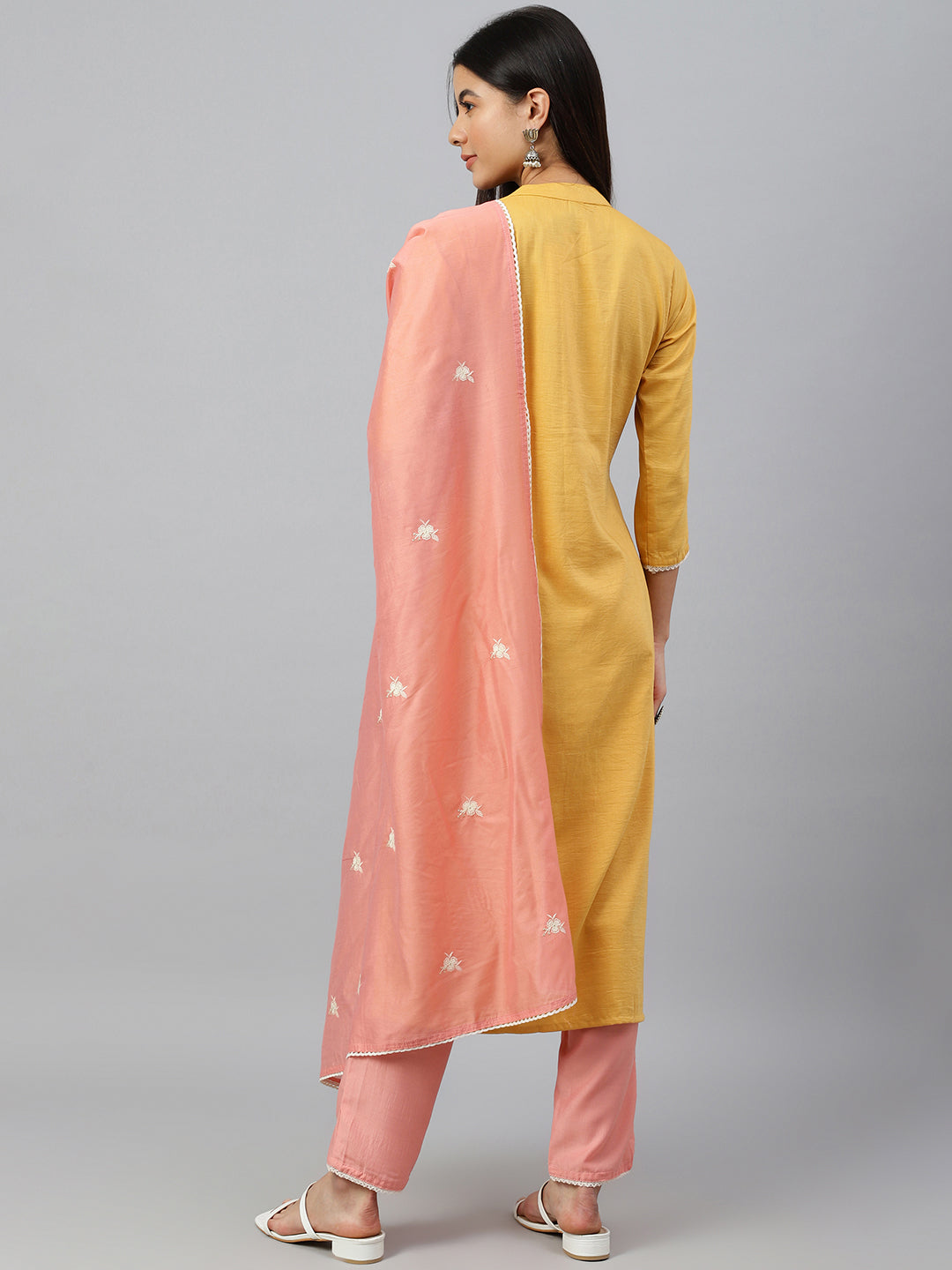 Janasya Women's Mustard Poly Silk Floral Embroidery Kurta With Pant And Dupatta | Grocsy