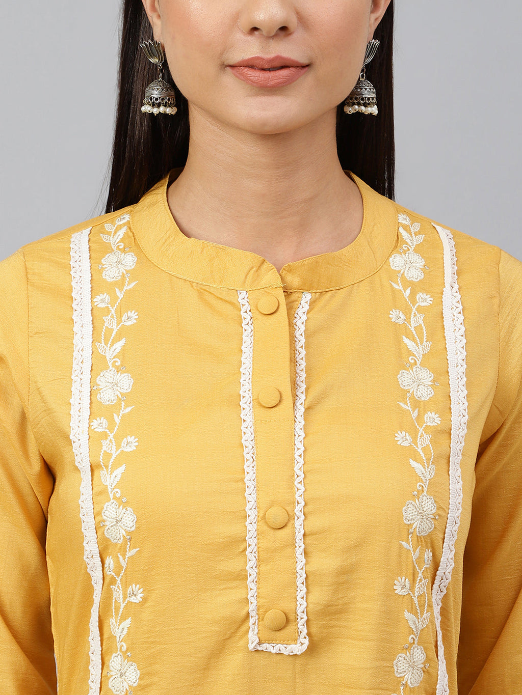 Janasya Women's Mustard Poly Silk Floral Embroidery Kurta With Pant And Dupatta | Grocsy