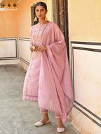 Janasya Women's Mauve Poly Silk Floral Embroidery Kurta With Pant And Dupatta | Grocsy