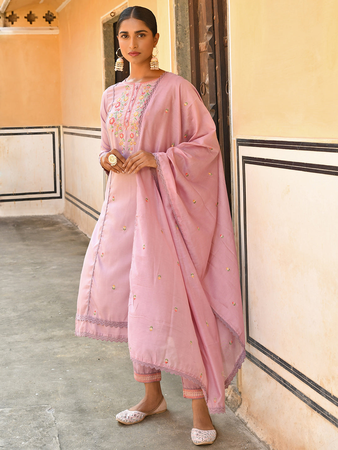 Janasya Women's Mauve Poly Silk Floral Embroidery Kurta With Pant And Dupatta | Grocsy