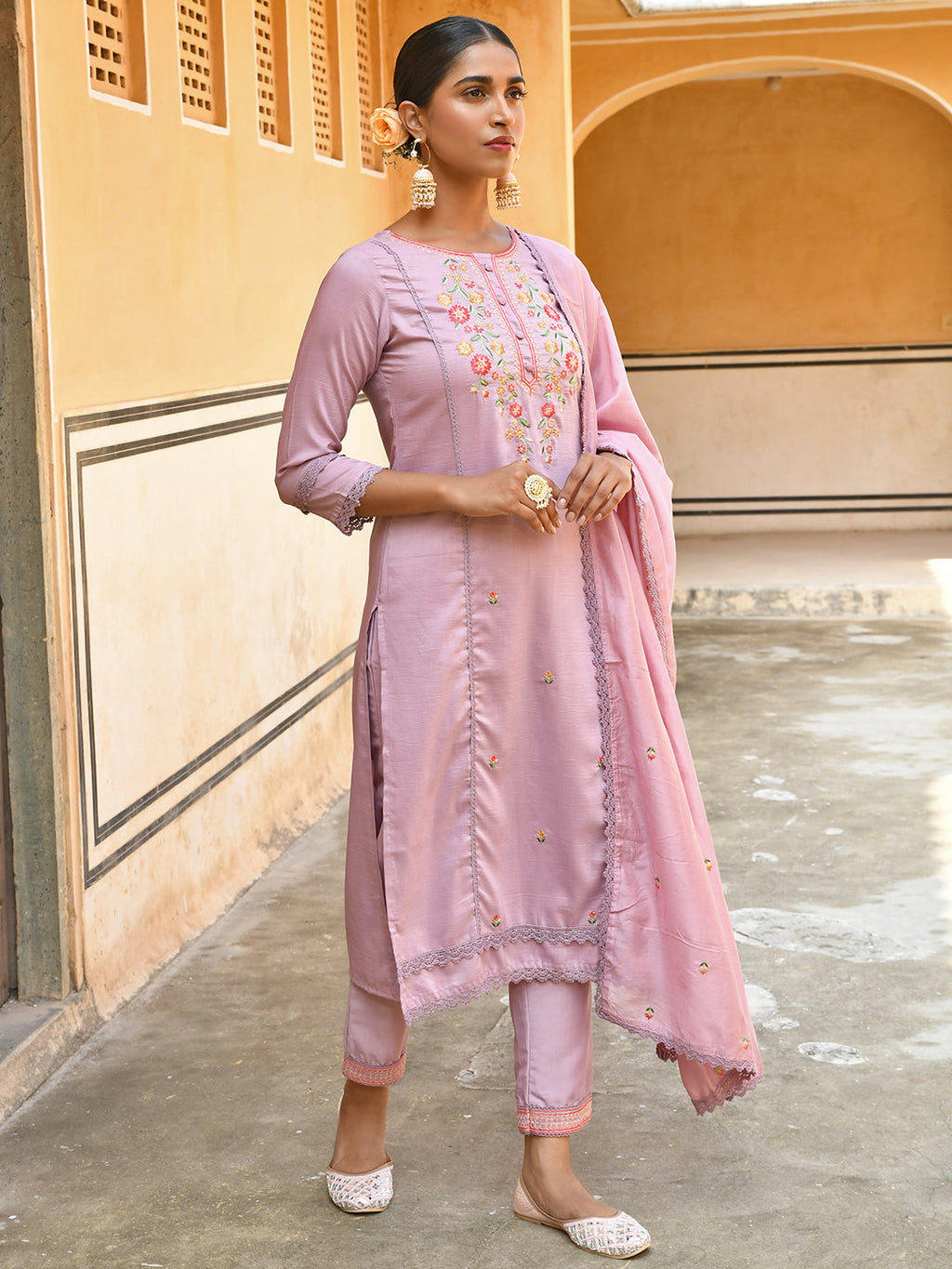 Janasya Women's Mauve Poly Silk Floral Embroidery Kurta With Pant And Dupatta | Grocsy